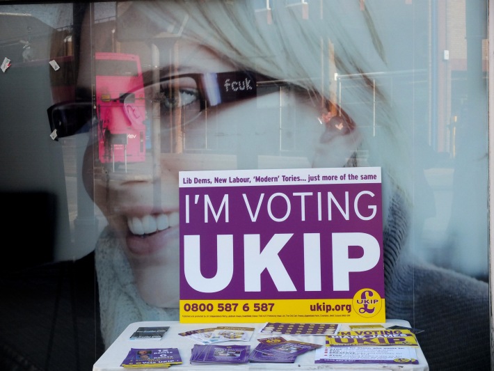 UKIP sign (with leader Diane James' reflection)